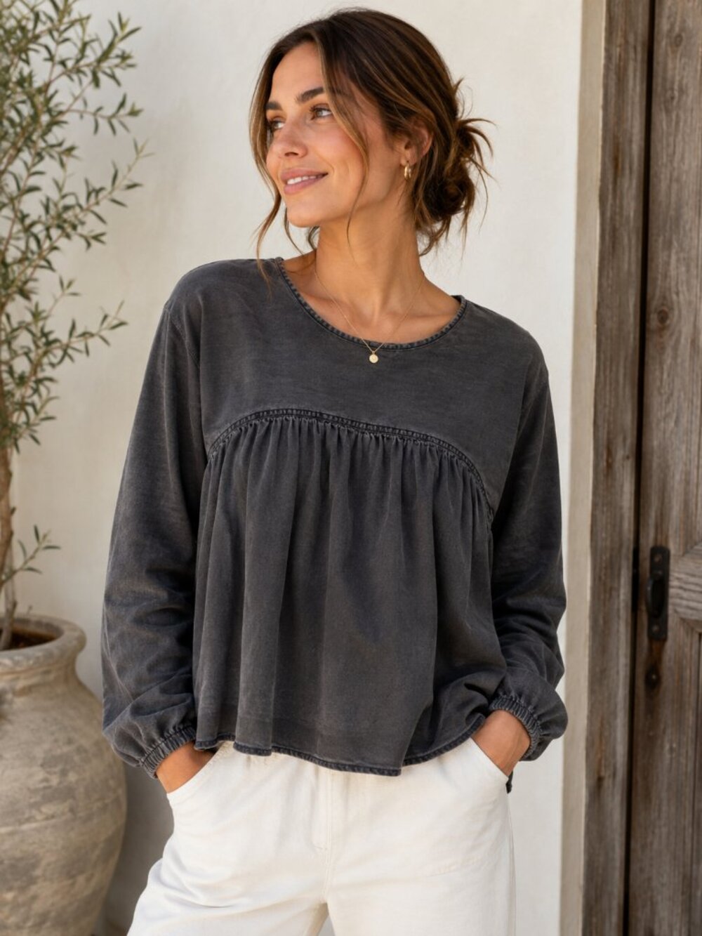 Madewell Women's XS Charcoal Washed Peplum Babydoll  Long Sleeve Cotton 1327‎